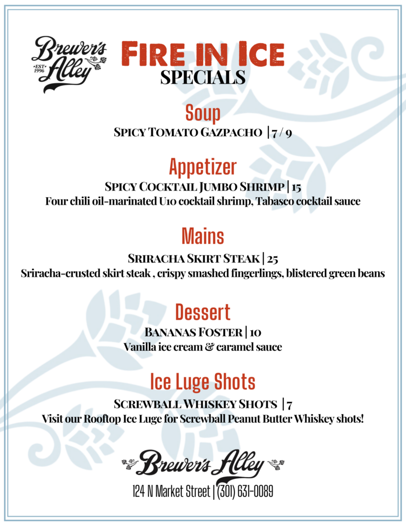 A menu for Brewer's Alley titled "Fire in Ice Specials" features soup, appetizer, mains, dessert, and ice luge shots, with decorative leaf graphics in the background and contact details at the bottom.
