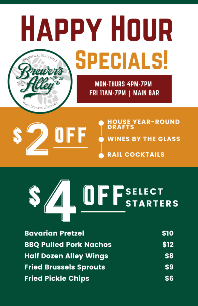 Happy Hour specials sign for Brewer's Alley. $2 off house drafts, wines by the glass, and rail cocktails. $4 off select starters: pretzel, pork nachos, wings, brussels sprouts, and pickle chips, with prices listed.