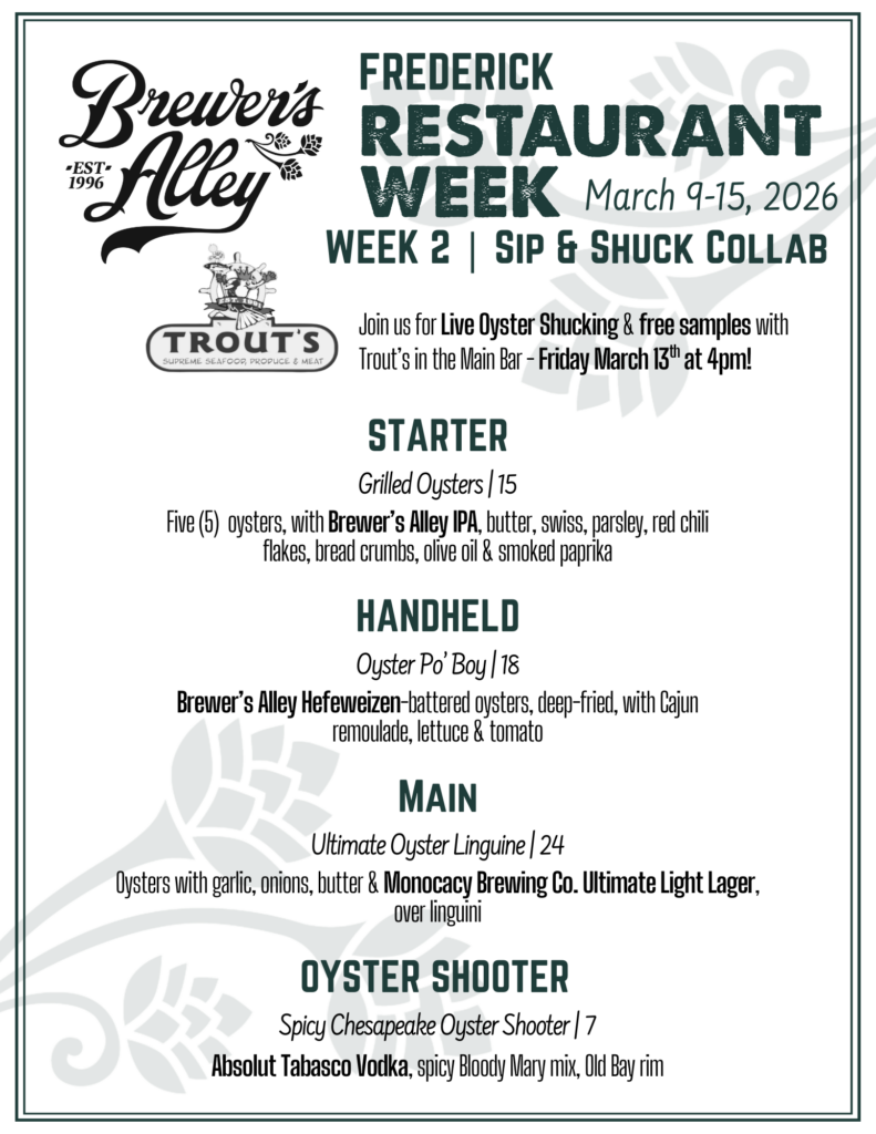 A restaurant week menu from Brewer’s Alley with oyster-themed dishes, craft beer pairings, and details about a live oyster shucking event with Trout’s on March 13, 2026.