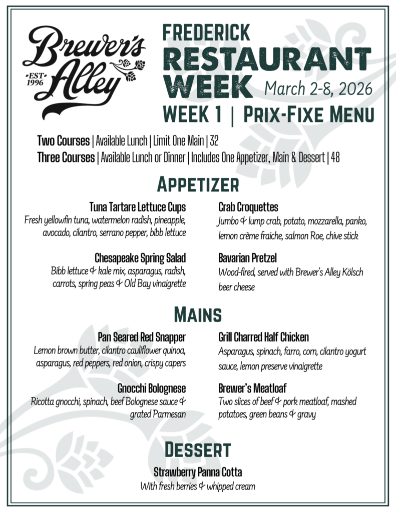 A Frederick Restaurant Week menu from Brewer’s Alley, listing appetizers, mains, and a strawberry panna cotta dessert for a prix-fixe meal offered March 2-8, 2026. The menu includes seafood, meat, and vegetarian options.