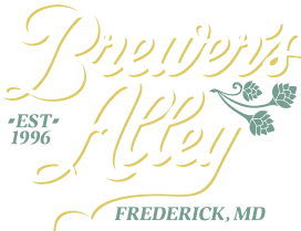 Logo for Brewer’s Alley in Frederick, MD, established 1996. The design features elegant script and two stylized hop flowers.